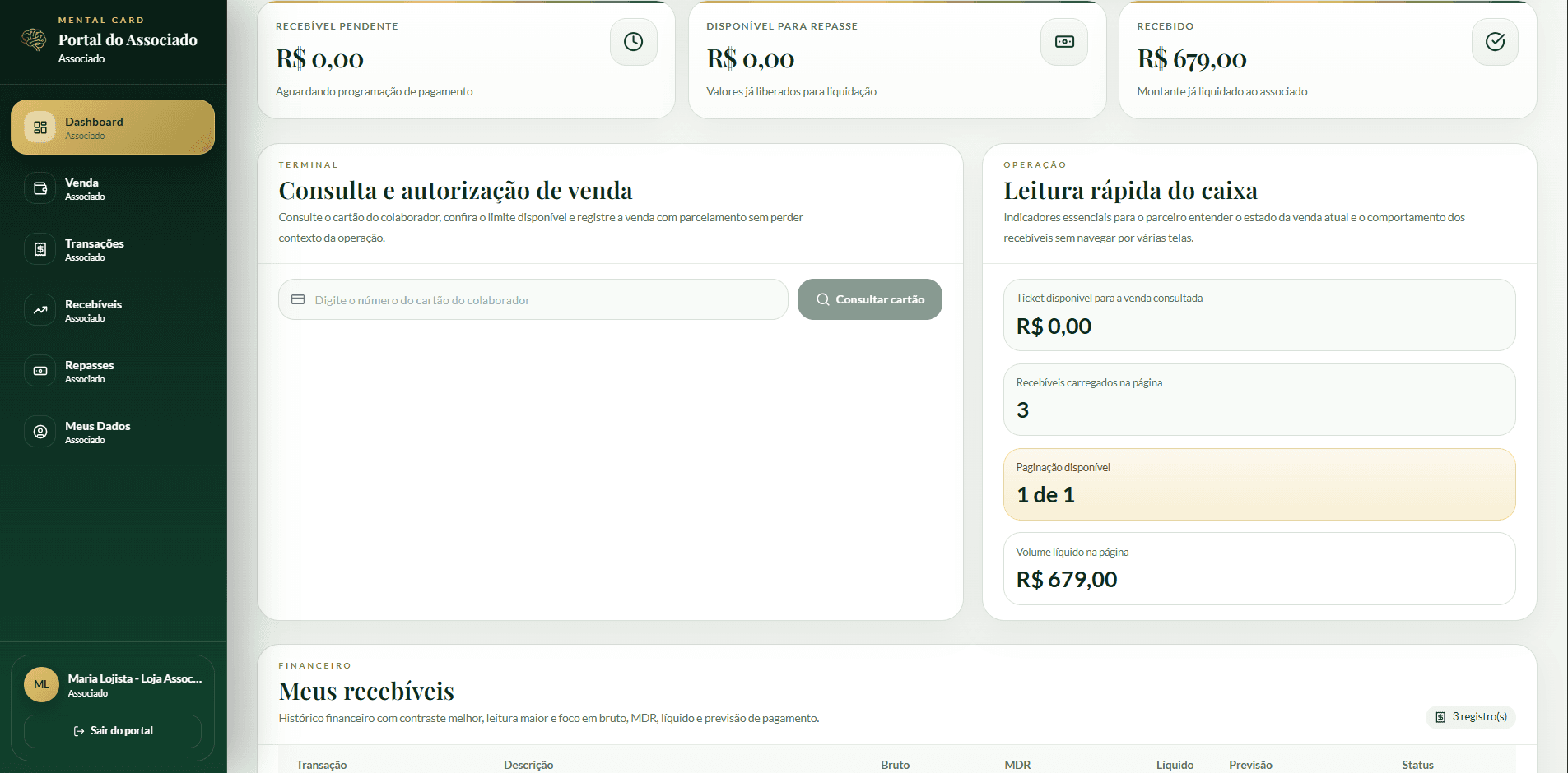Imagem do painel do Portal do Associado